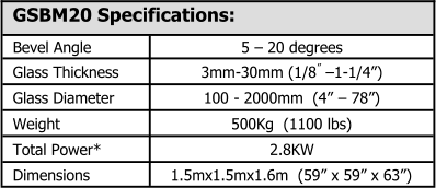 GSBM20 Specifications: Bevel Angle 5   20 degrees Glass Thickness 3mm - 30mm (1/8   1 - 1/4) Glass Diameter 100  - 2000mm  (4   78) Weight 500Kg  (1100 lbs) Total Power* 2.8KW Dimensions 1.5mx1.5mx1.6m  (59 x 59 x 63)