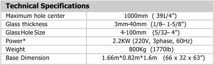 Technical Specifications Maximum hole center 1000mm  ( 39 - 1/4) Glass thickness 3mm - 40mm  (1/8   1 - 5/8) Glass Hole Size 4 - 100mm   (5/32   4) Power* 2.2KW (220V, 3phase, 60Hz) Weight 800Kg  (1770lb) Base Dimension 1.66m*0.82m*1.6m   (66 x 32 x 63)